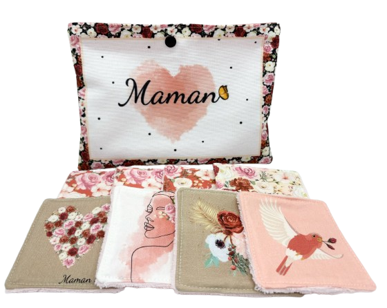 Coffret douceur " Maman" - Spécial Fête des Mères -Lot de 8 lingettes lavables + jolie pochette