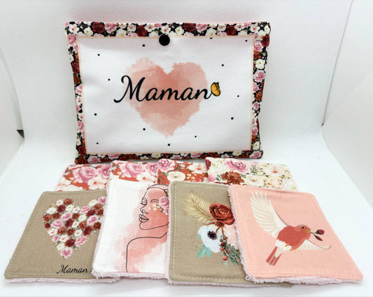 Coffret douceur " Maman" - Spécial Fête des Mères -Lot de 8 lingettes lavables + jolie pochette