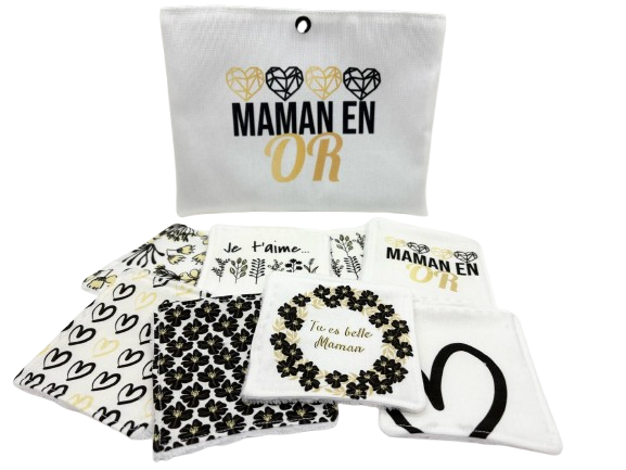 Coffret " Maman en Or " - Lot de 8 lingettes lavables et sa jolie pochette