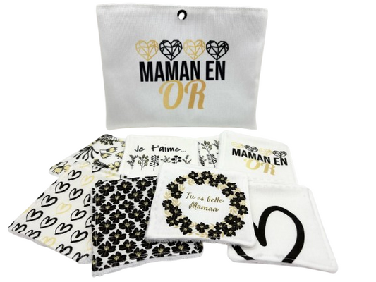 Coffret " Maman en Or " - Lot de 8 lingettes lavables et sa jolie pochette