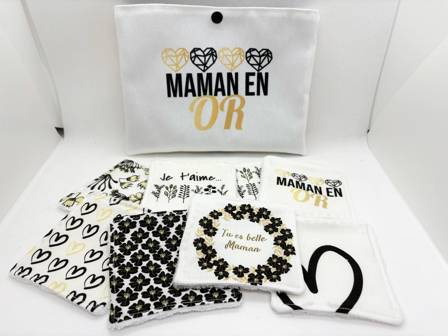 Coffret " Maman en Or " - Lot de 8 lingettes lavables et sa jolie pochette