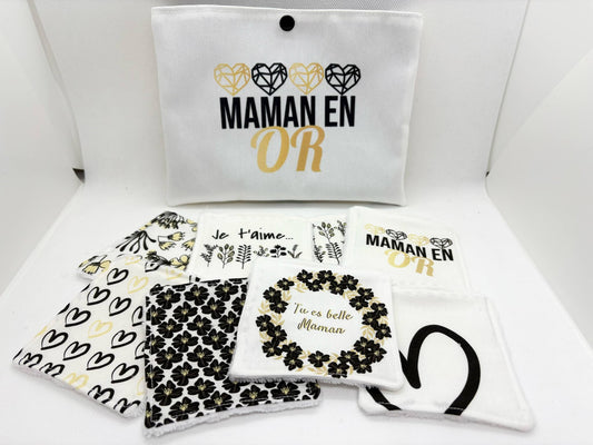 Coffret " Maman en Or " - Lot de 8 lingettes lavables et sa jolie pochette