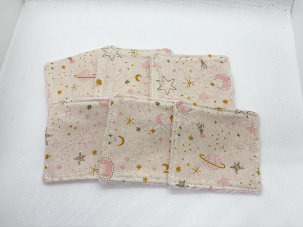 Lot de 6 lingettes lavables - bambou rose & coton étoilé