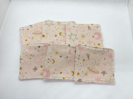 Lot de 6 lingettes lavables - bambou rose & coton étoilé