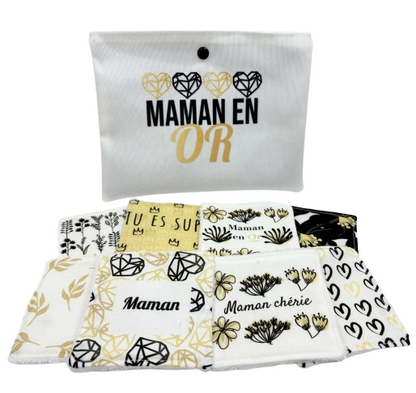 Coffret " Maman en Or" 2 -Spécial Fête des Mères - Lot de 8 lingettes lavables et sa jolie pochette