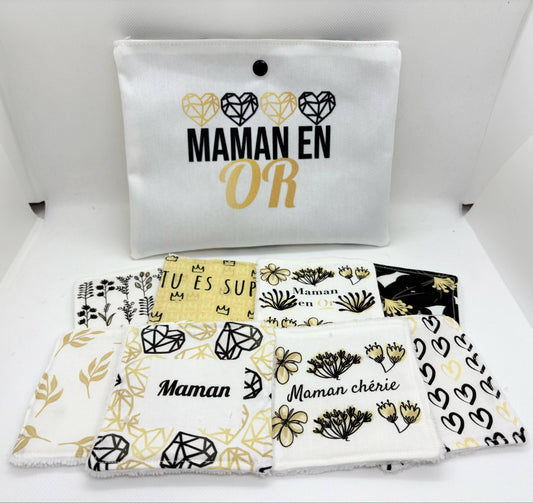 Coffret " Maman en Or" 2 -Spécial Fête des Mères - Lot de 8 lingettes lavables et sa jolie pochette